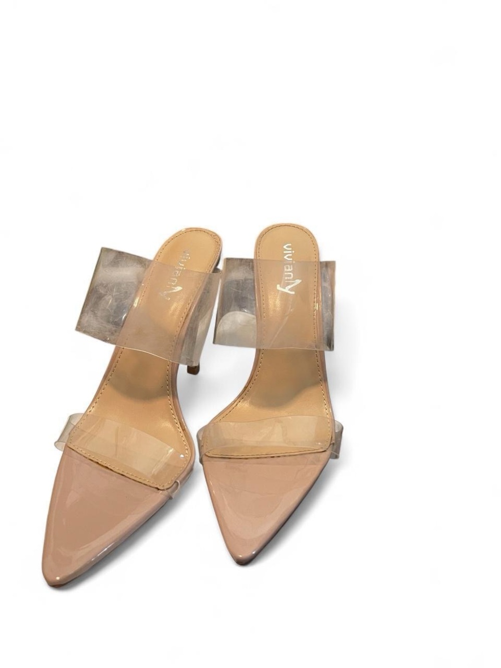Nude Patent Pointed-Toe Clear Strap Heels